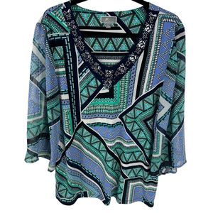 JM Collection Tunic Top Blouse Size Large Green/Blue Print 3/4 Sheer Sleeves